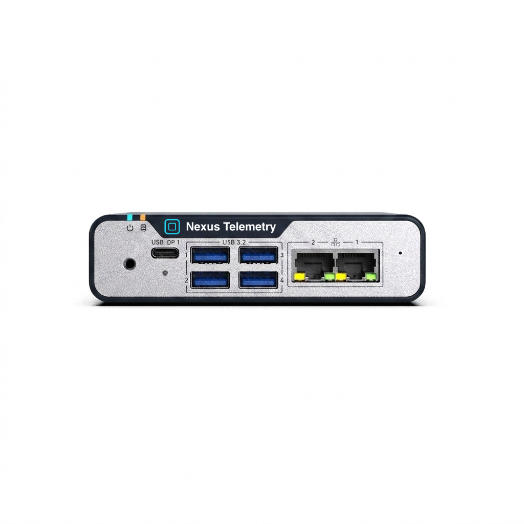 Nexus Telemetry fleet collector appliance — a rugged, fanless industrial mini-PC with USB-C, USB 3.2 and dual Ethernet ports
