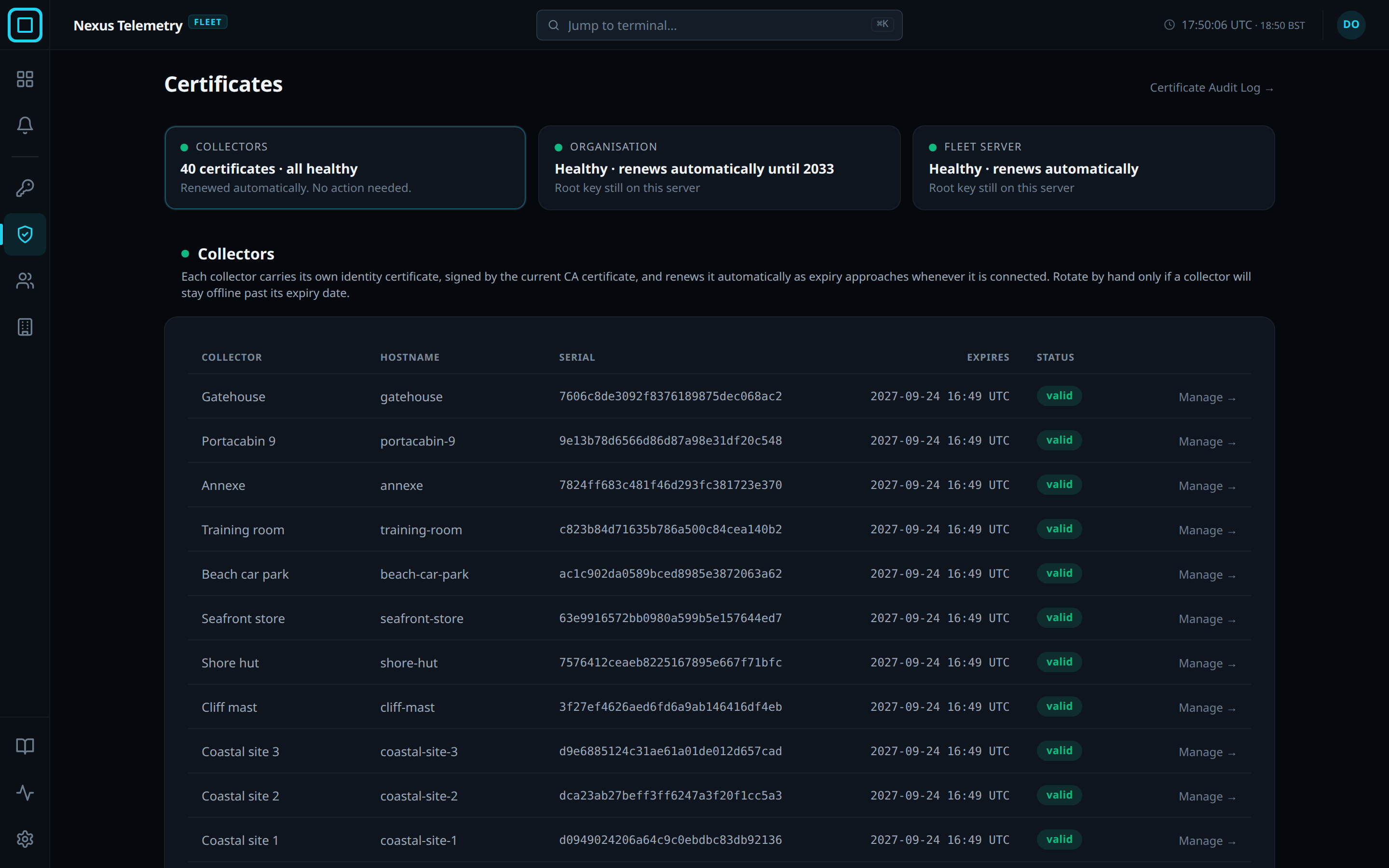 The Certificates page, the three tiles above the collectors pane