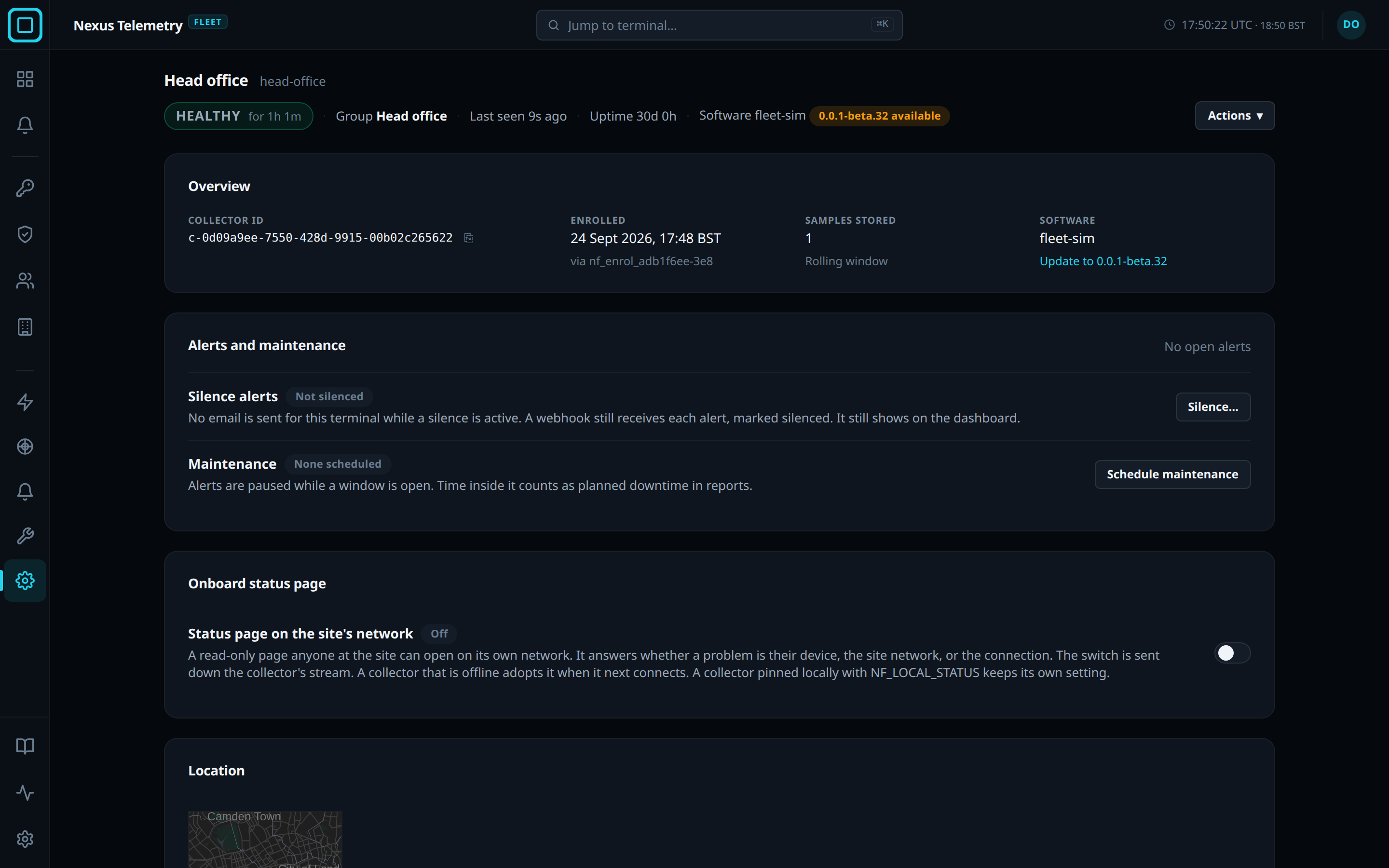 The settings view of a terminal, with the Actions button