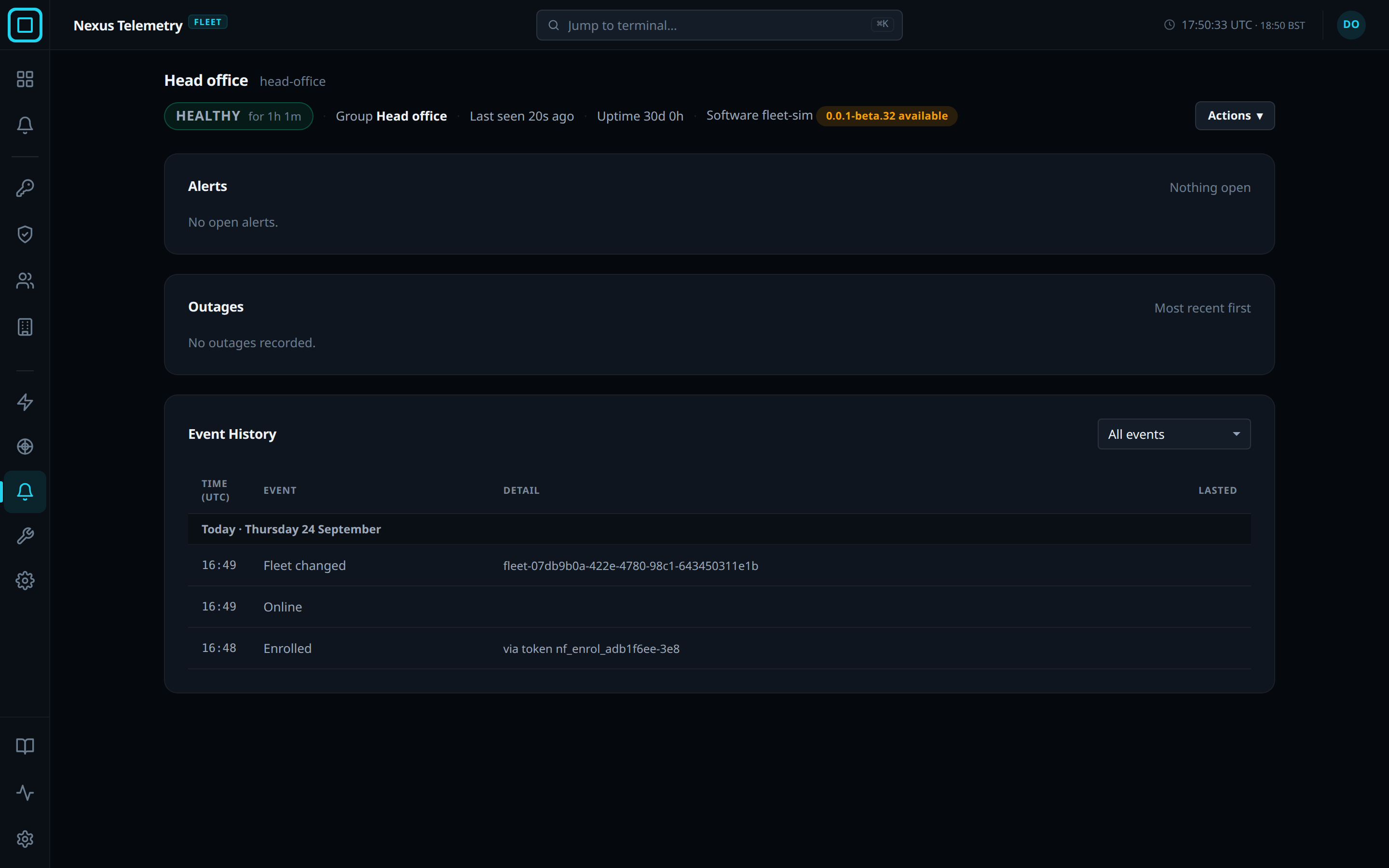 The Alerts view of a terminal: open alerts, outages and the event history